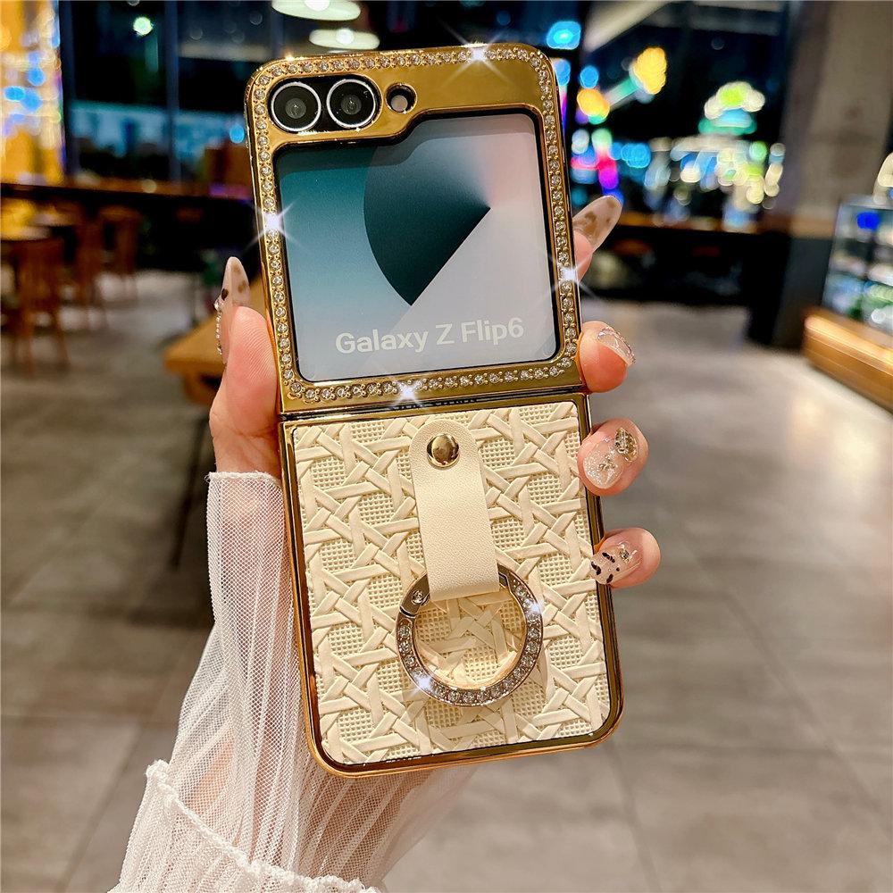 Leather Plating  Ring Phone Case For Samsung Galaxy Z Flip 7 6 Flip 5 Zflip 4 3 Bling Diamond Shockproof Cover Funda