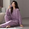 Autumn and winter flannel pajamas women's loose and simple round neck coral fleece loungewear set winter warm thickened and velvet