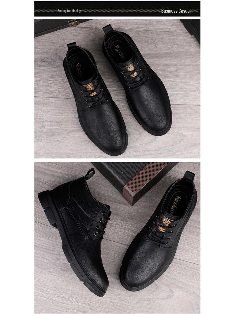 Men's Black Fleece-Lined High-Top Martin Boots - British Style, Plus Size, Autumn/Winter.