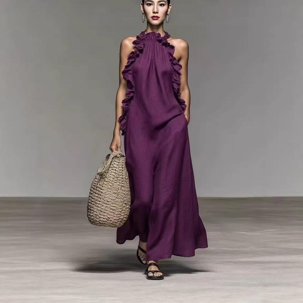 Women Sleeveless Halter Neck Maxi Dress with Ruffle Trim Light Blue Casual Beach Dress