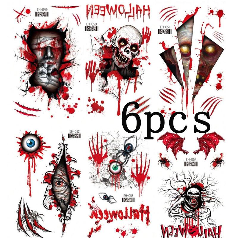 2/6pcs Hallween Horror Tattoo Sticker Realistic Fake Bloody Wound Stitch Scar Scab Masquerade Prank Makeup Props