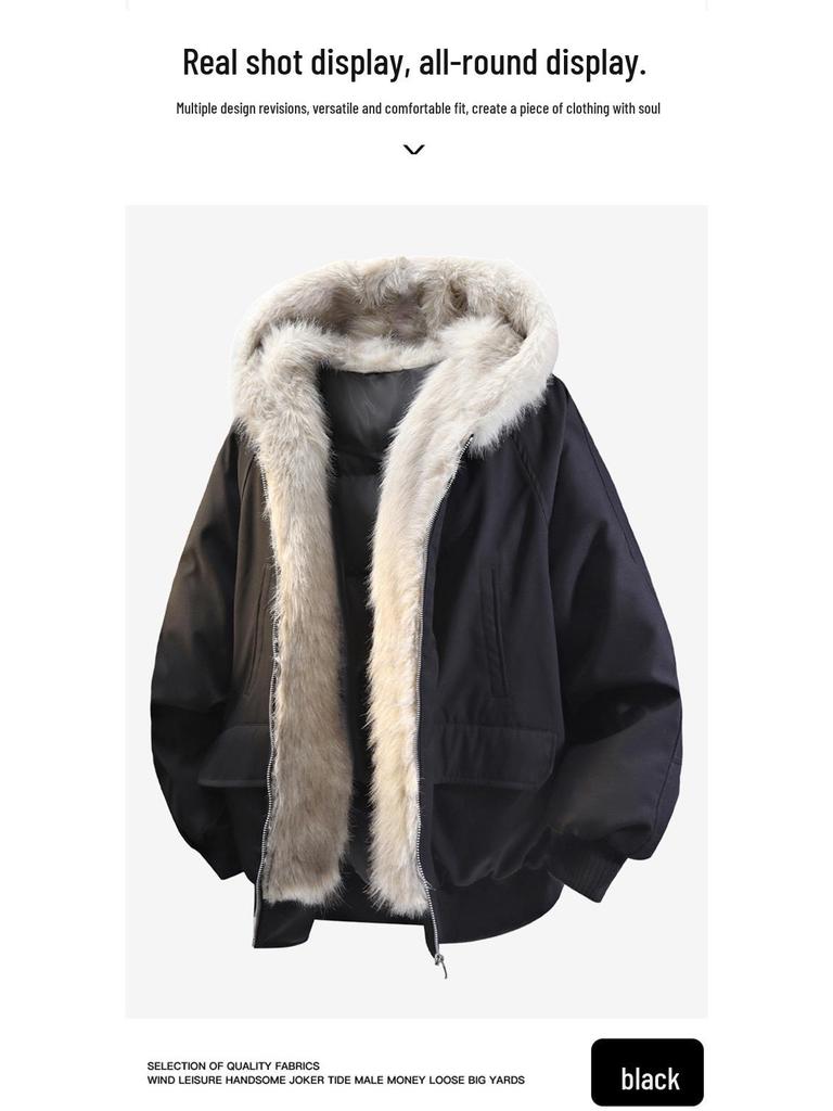 Jaqueta de Neve Masculina Retro com Capuz, Estampa Leopardo das Neves, Gola de Pelo Genuíno, 90% Penugem de Pato, Estilo Curto para Exterior.