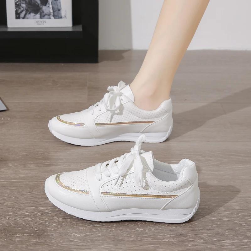 Women Sneakers Fashion Breathble Vulcanized Shoes Pu Leather Platform Shoes White Lace Up Casual Shoes