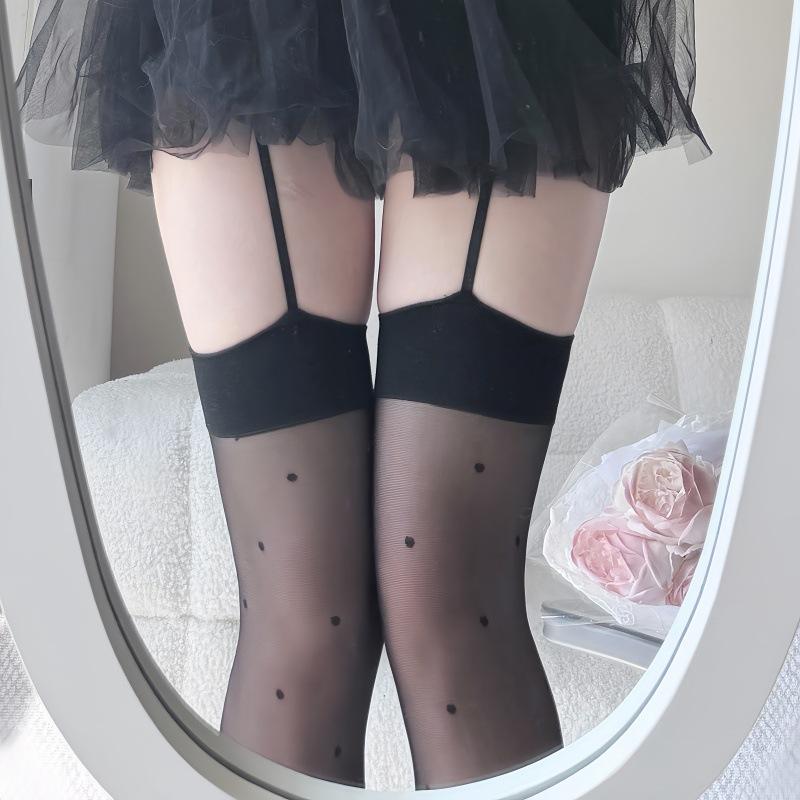 Polka Dot Suspenders, Black Edge Dot Thin Knee Socks, Non-Slip Open Gear With Skirt Integrated Socks