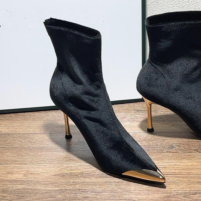 New Style Women's Concise Black Women Ankle Boots Pointed Toe Design Metal Decoration High Stiletto Heels Shoes Zapatos Mujer