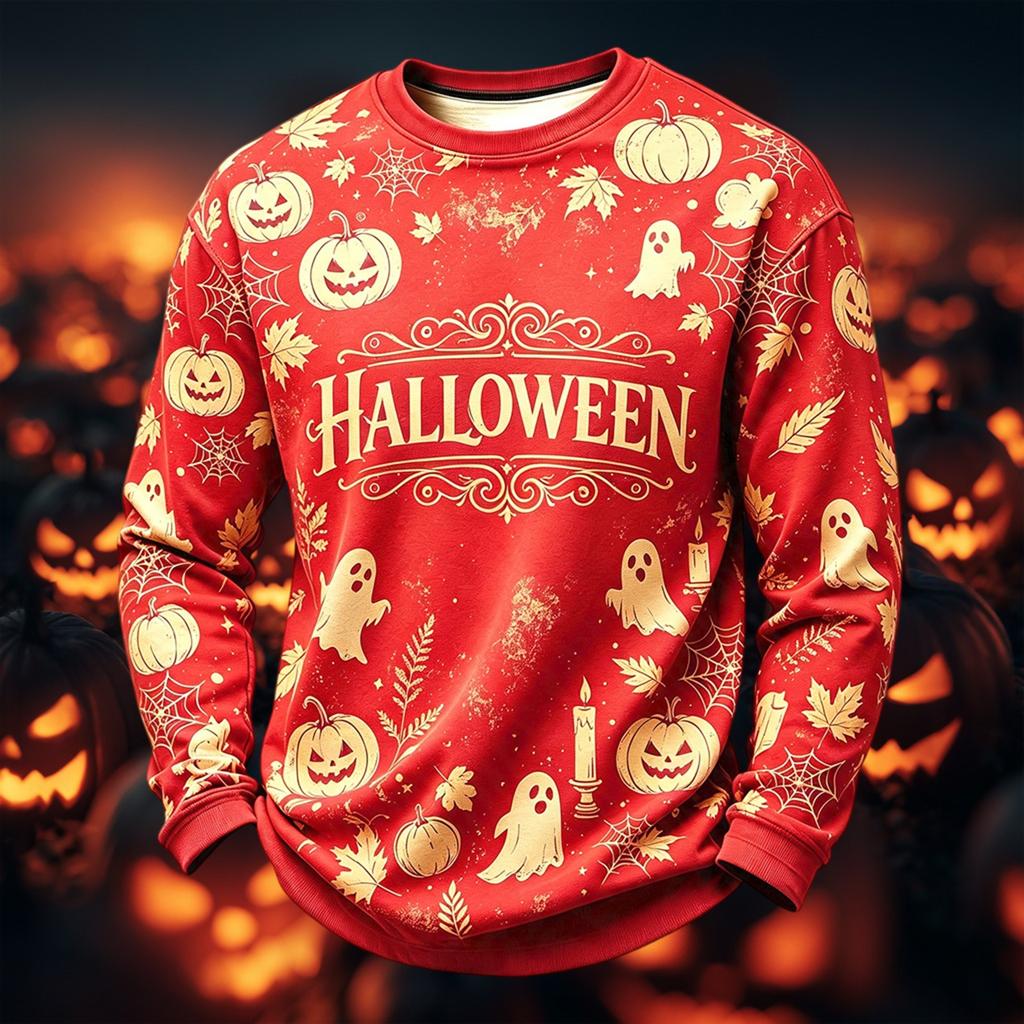 Men's Casual Round Neck Long Sleeve Top with Halloween Print