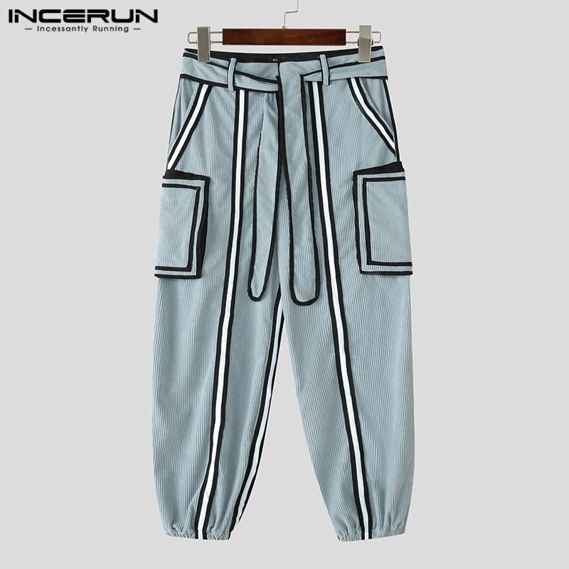 INCERUN Men Autumn Belt Zip-up Waist Stitching Corduroy Harem Pants Trousers