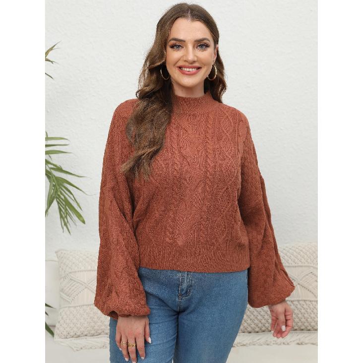 

Женский вязаный свитер большого размера с полувысоким воротником, рукавами-фонариками и укороченным пуловером 3XL коричневый