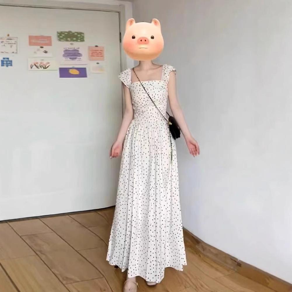 2025 Summer French Polka Dot Puff Sleeve Square Neck Long Dress for Women