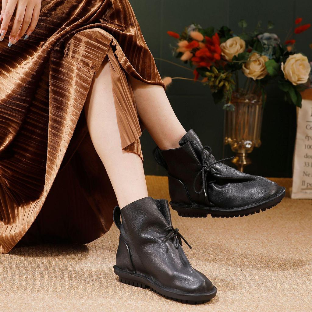 2025 Women's Retro Slouch Boots - High-End Cowhide, Soft Sole, Flat Heel Casual Short Boots