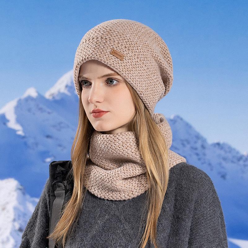 Women's Knitted Hat Winter European and American Warm Hat Scarf Set Fleece Ear Protector Pullover Wool Hat
