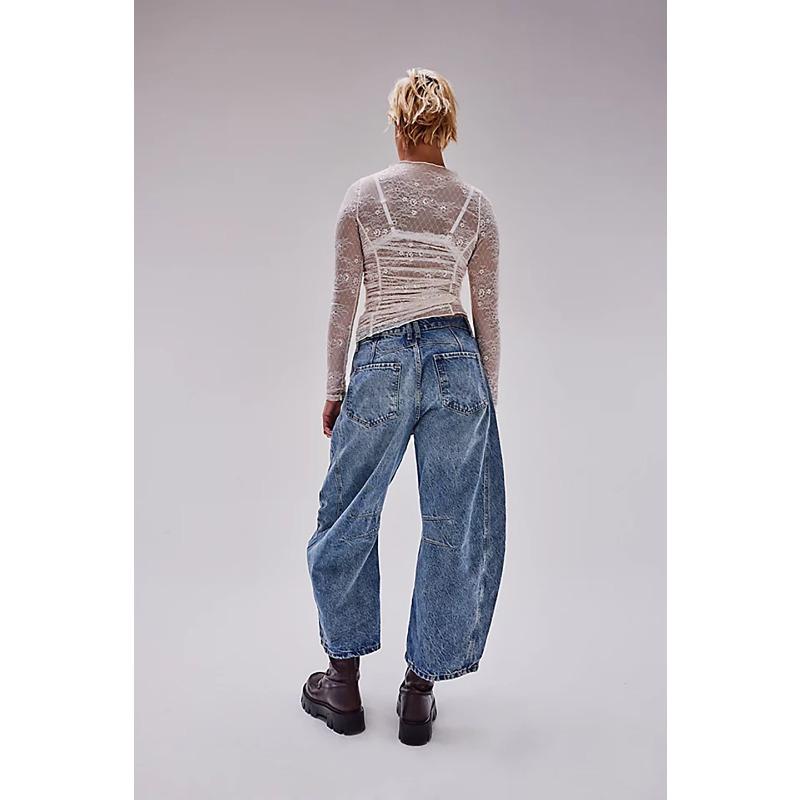 Wide Leg Loose Jeans,Women's Mid-Low Waist Washed Jeans
