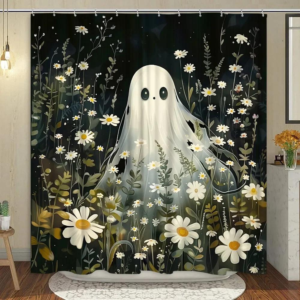 Cute Ghost Shower Curtain Cartoon Spooky Flower Plant Candle Watercolour Modern Home Polyester Fabric Bathroom Decor Curtain Set