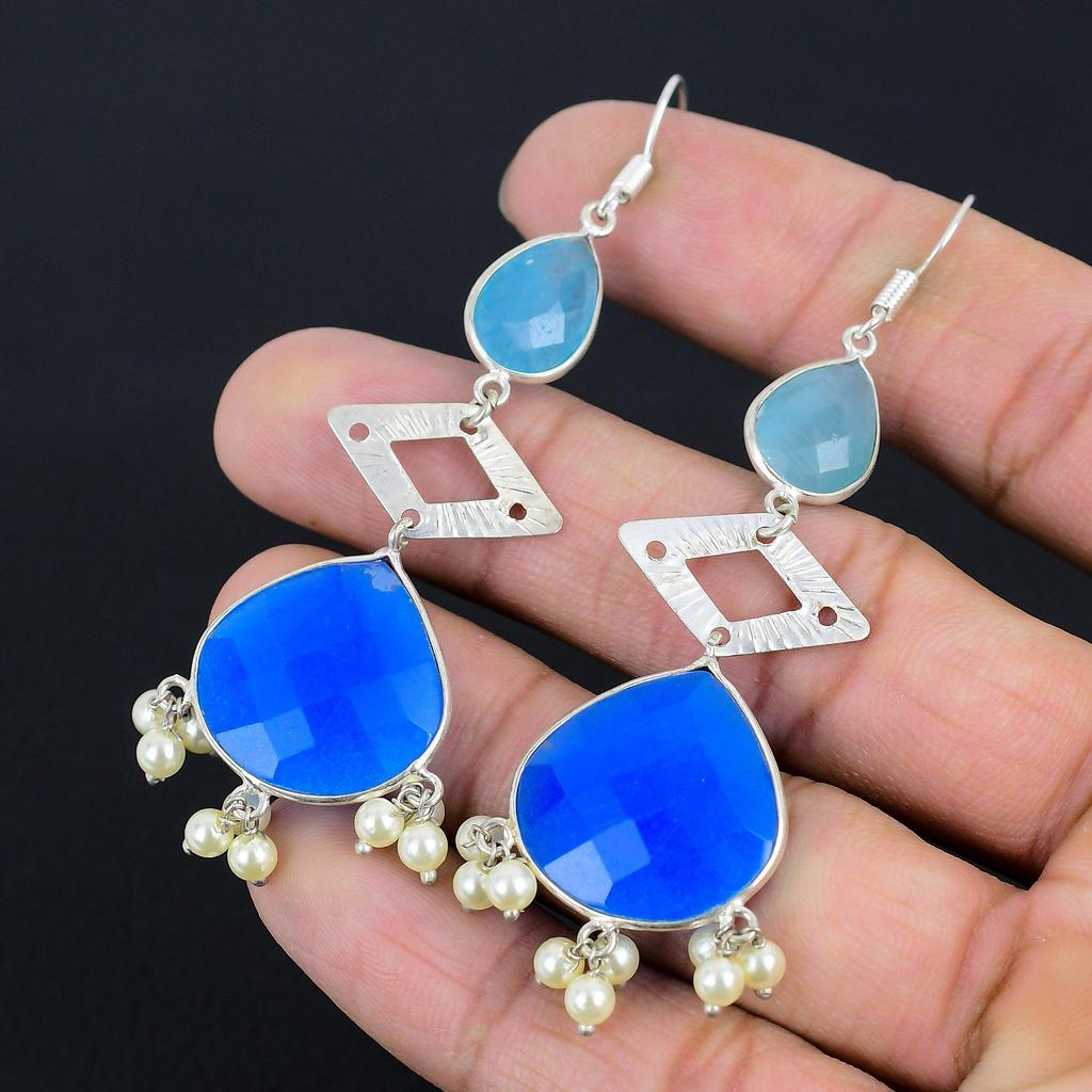 Blauer Saphir Stein Elegante Geburtstag Schwester Hängeohrringe Schmuck 925 Silber