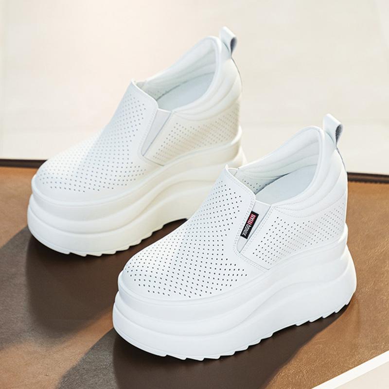 

Super High Height Increasing 13cm Spring Summer Genuine Leather Shoes Women Flat Platform Black White Shoes Ladies Casual Shoes Small Size 33 34 білий