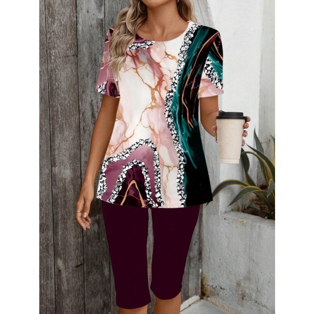 Ladies' Elegant Gradient Color Printed Short-Sleeved Round Neck T-Shirt