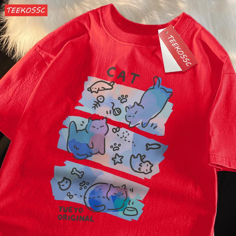 

Colorful Three Cats Trendy Loose And Breathable Pure Cotton Summer Short Sleeved T-shirt Men Women Dreamy Fun Cat Cute Clothing S