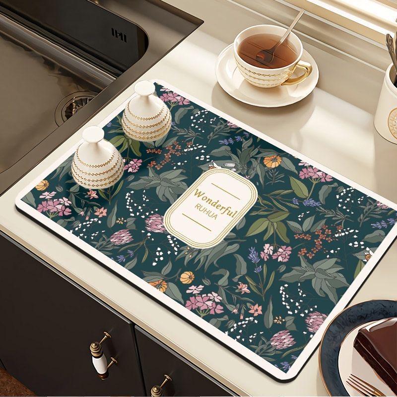 30*40cm Vintage Flora Printed Mud Absorbent Quickly Dry Heat Resistant Non-Slip Tableware Pad Dish Drying Mat Placemat Coffee Mat