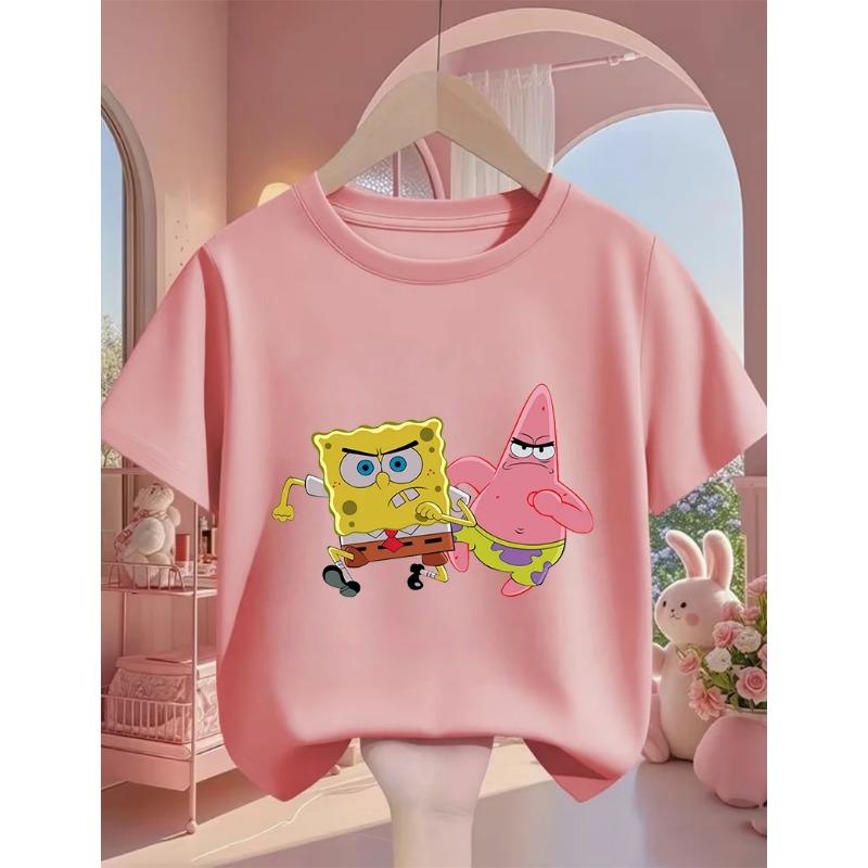 Street SpongeBob SquarePants Casual T Shirt 3-14Y Boys Girls Summer Cute Kawaii Fashion Hot Cartoon Crew Neck Kids