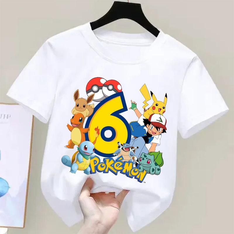 Pokemons Pikachu Kids T Shirts Birthday Number 1-9 Printed T Shirt Boys Girls Summer Casual Short Sleeves Tops Children Clothing