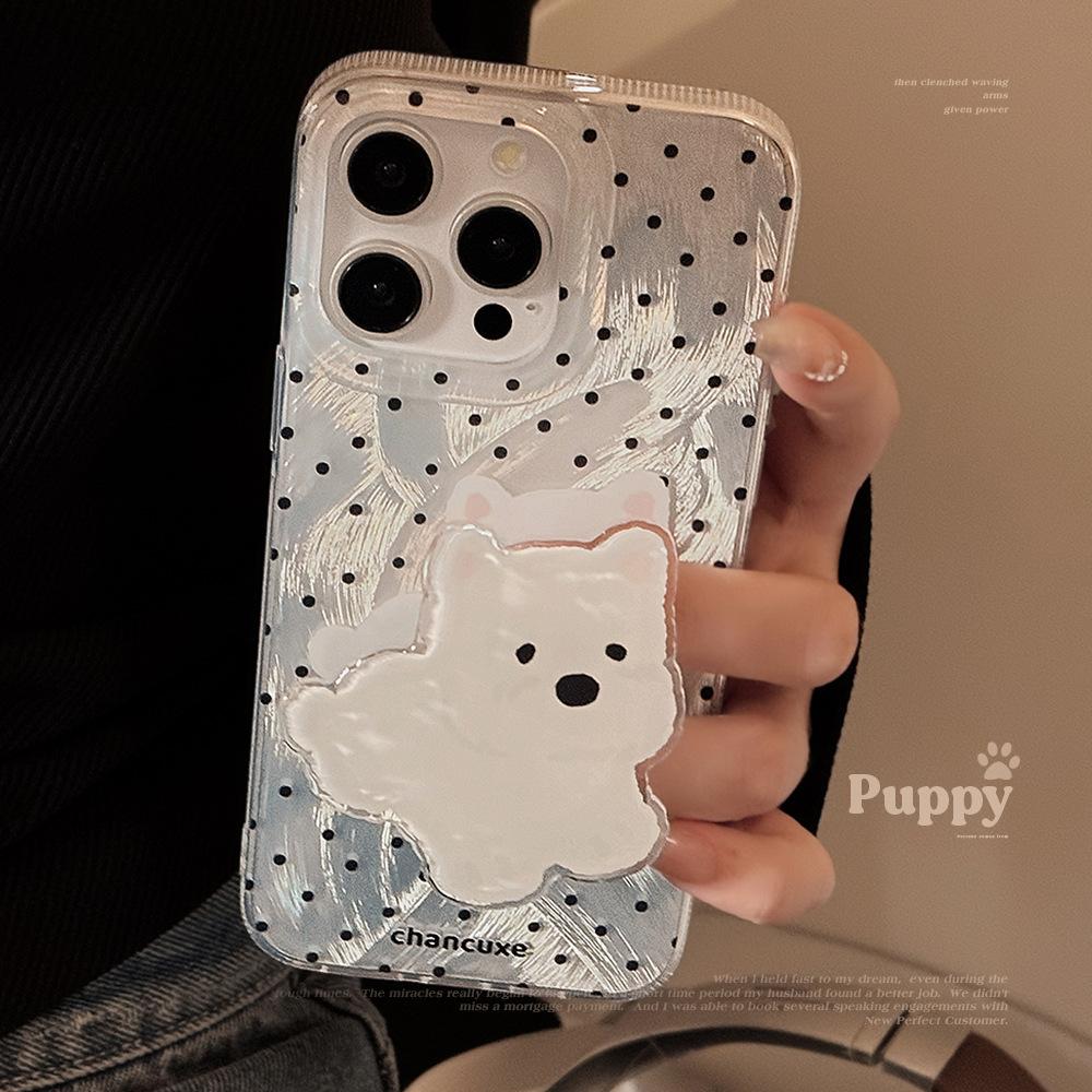 Silver Polka Dot Phone Case with Cute Dog Stand