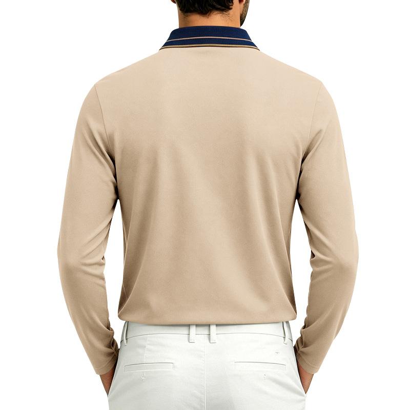 Autumn Mens Solid Long Sleeve Polo Shirt Contrast Striped Lapel Collar Button Placket Breathable Golf Casual Wear Tees