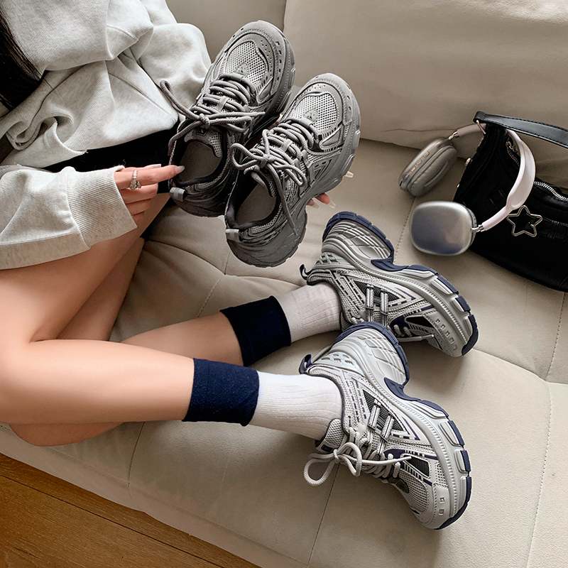 Krazing Pot Microfiber Mesh Spring Autumn Summer Sneakers Platform Lace Up Silver Color Sneakers Thick Bottom Women Fashion Shoes