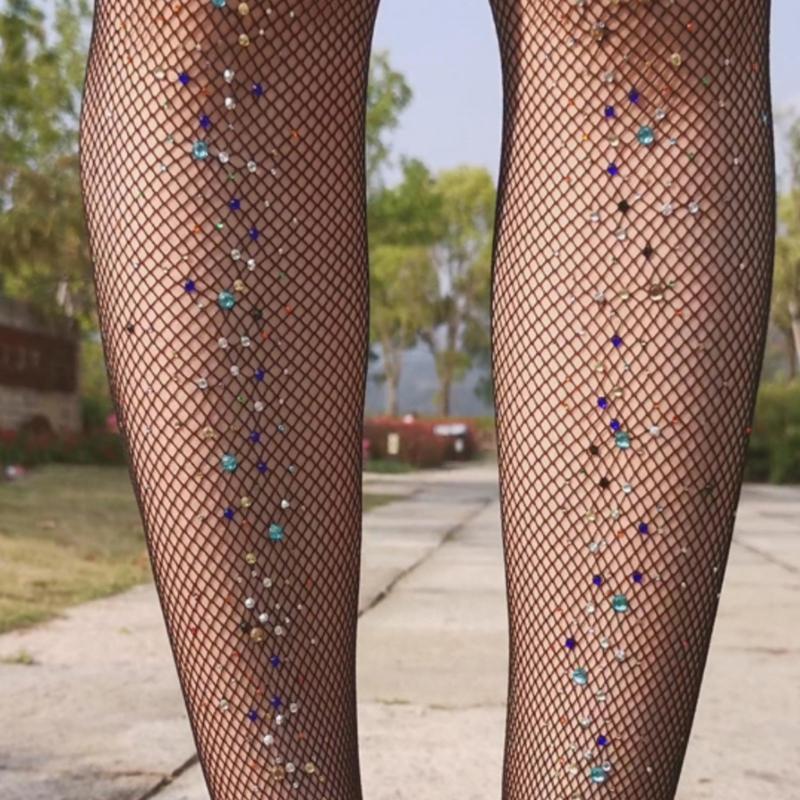 Sexy Sparkly Fishnets Stockings Colorful Jeweled High Waist Fishnet Tights for Women Rhinestones Party Pantyhose