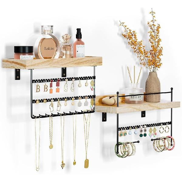 Lolalet Hanging Jewelry Organizer Wall Mount with Earrings, Bracelets, Necklaces Hooks - Easy Install Free Combination Jewelry Holder for Wall