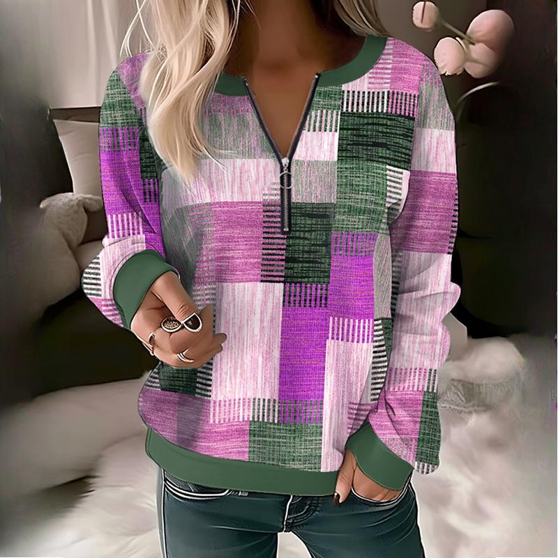 Women's Autumn/Winter Printed V-Neck Zip Loose Knit Shirt