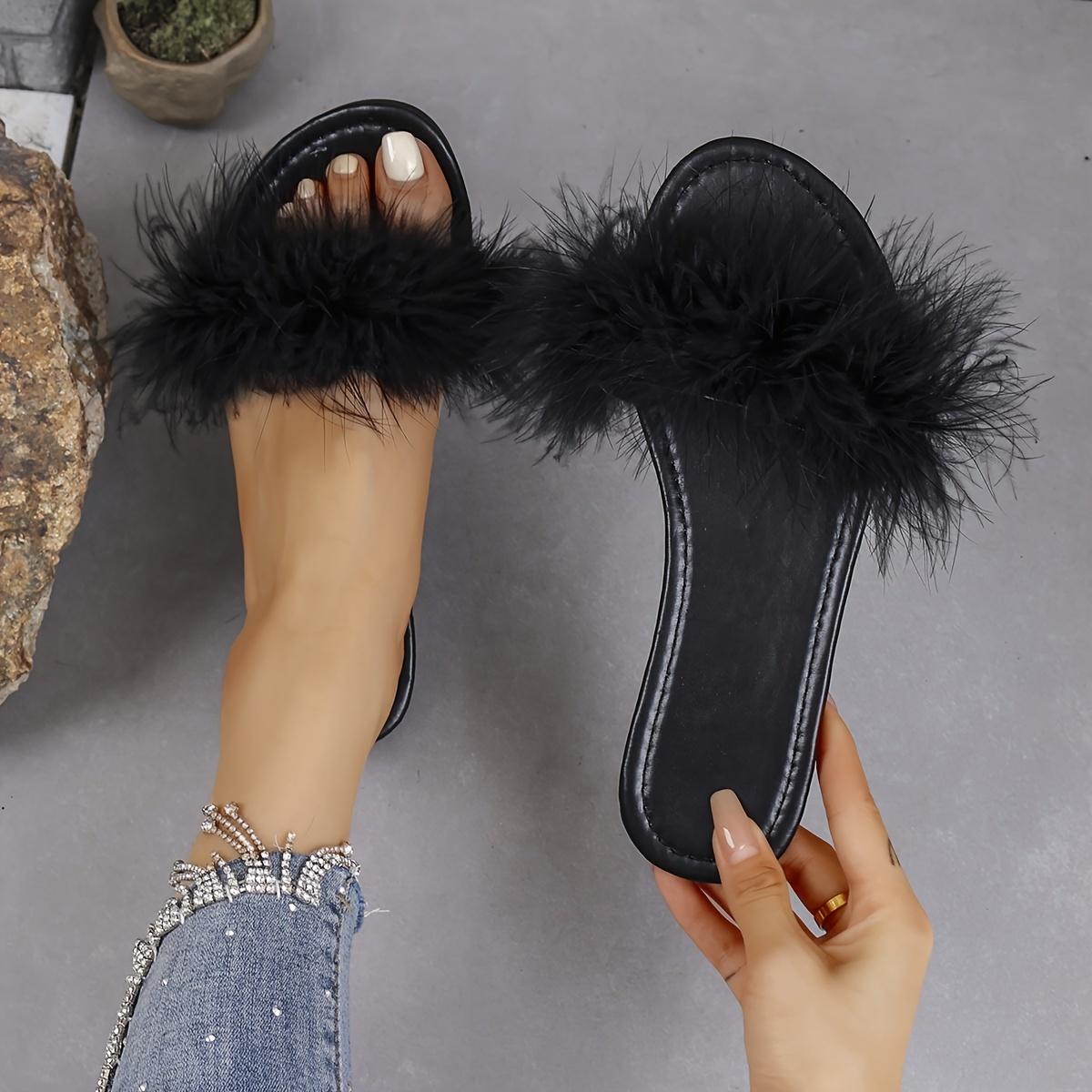 

Модные меховые украшения для роскошных женских тапочек, летние пушистые плоские шлепанцы, повседневные нескользящие износостойкие сандалии для отдыха на открытом воздухе 38 чёрный