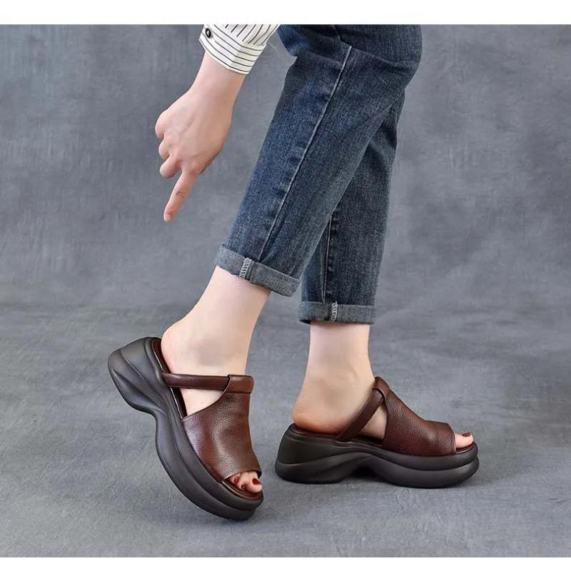 Johnature Genuine Leather Retro Thick Soled Peep Toe Outdoor Slippers Versatile Women's Slip-on Shoes