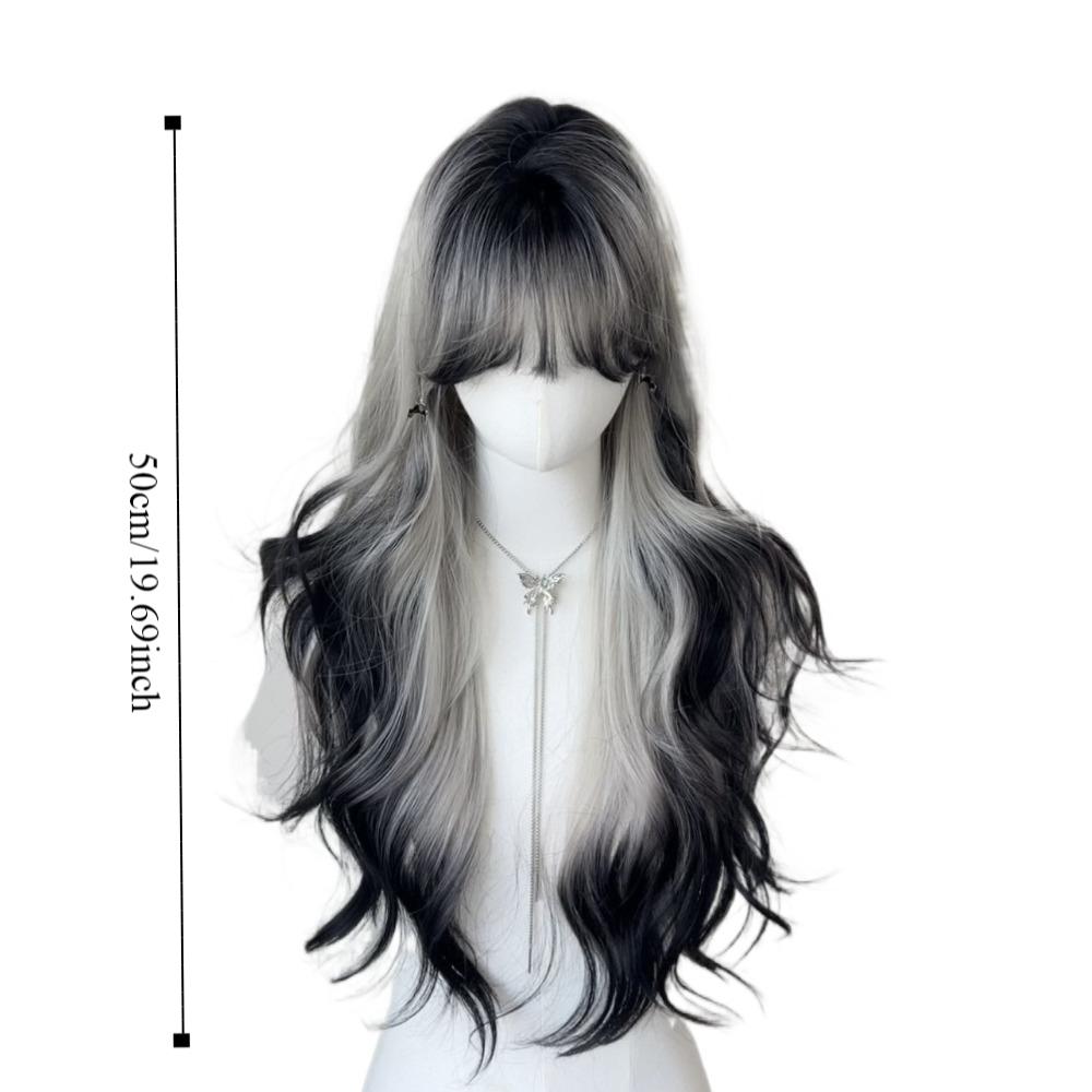 Halloween Long Body Wave Wigs Air Bangs Lolita Cosplay Wigs Black and Gray Gradient Wigs for Women