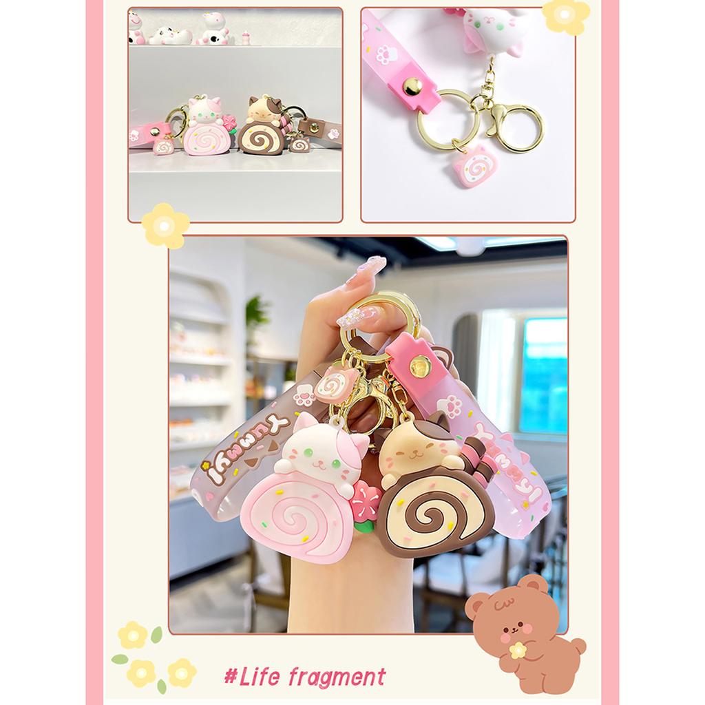 Cartoon Cat Cake Roll Keychain Jewelry Chic Cat Cake Roll Pendant Keyrings Phone Lanyard Key Chain Charm for Bag Purse