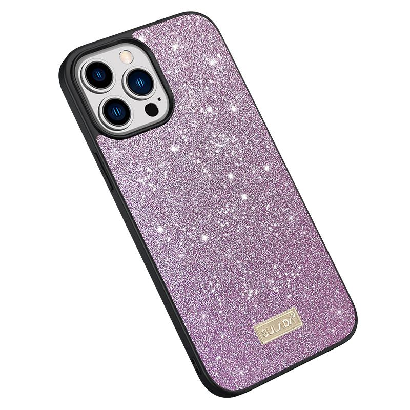 

SULADA Back Protector for iPhone 15 Pro,PU Leather Coated PC+TPU Glitter Sequins Phone Case Purple