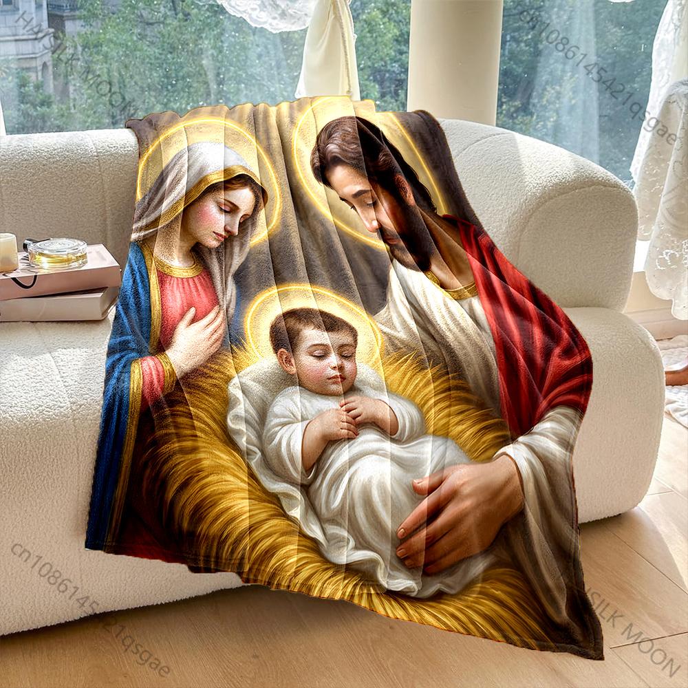 1PC Holy family with halos Faith-printed Flannel Blanket Soft and Warm Suitable for Home Travel Picnics Camping and RV Use