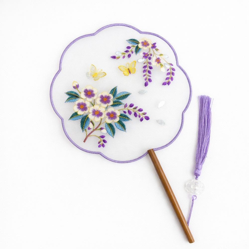 Chinese Style Double Sided Embroidery Fan Long Handle Vintage Hand Fan Dance Fan Party