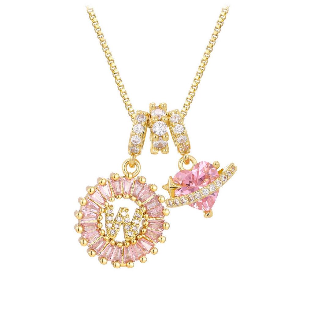Pink Rock Candy 26-Letter Diamond Necklace with Gold-Plated Zircon and Round Flower Pendant