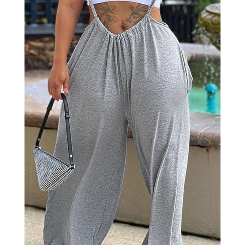 

Women Casual Jumpsuit European and American Style Halterneck High Waist Crimp Casual Jumpsuit Female Grey XL