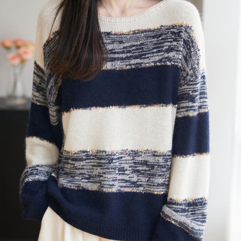 One-neck Knitted Sweater Long-sleeved Women's Color-blocked Fringed Base Layer Top New Autumn and Winter Style Laid-back Style