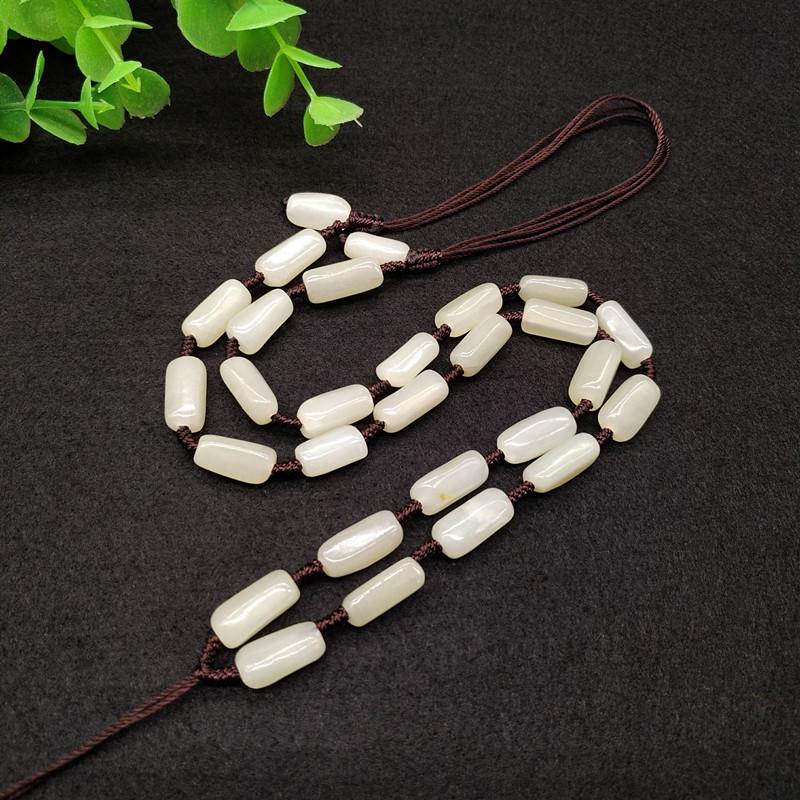 Hetian Jade Barrel Bead Pendant Necklace with Hand-Woven Lanyard