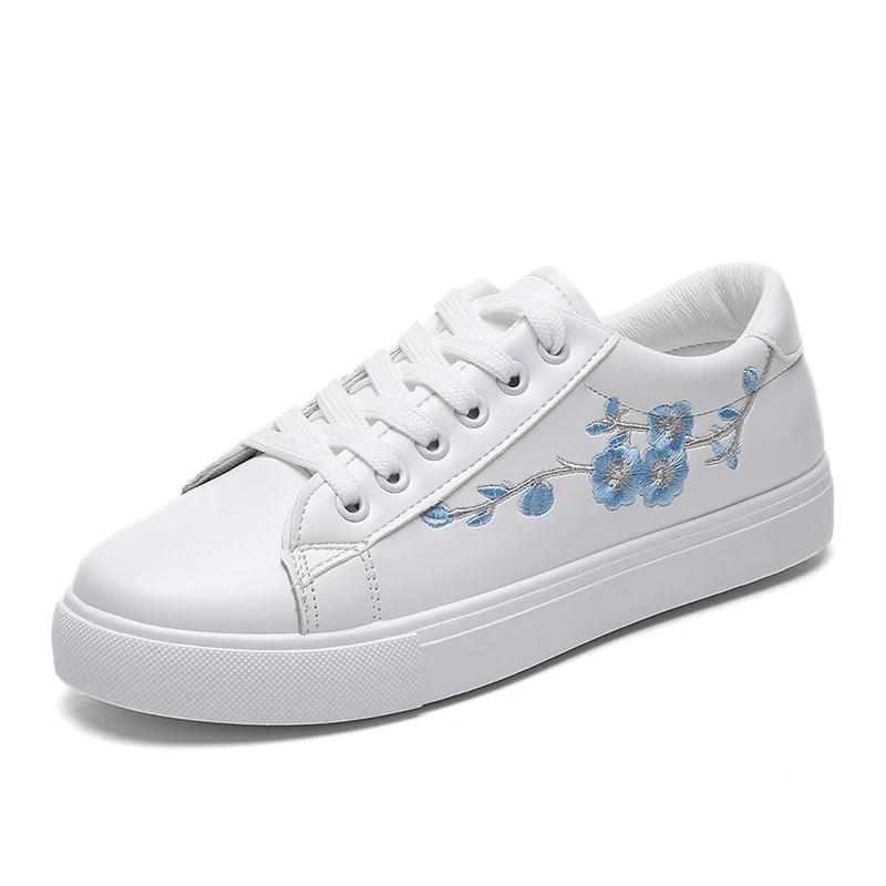 Neue Mode Weiß Atmungsaktive Frauen Laufschuhe Frühling Herbst Bestickte Blume Lace-Up Casual Sneakers Zapatos De Mujer