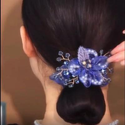 Accesorios para el cabello Flores de cristal de madre Tocado de organza Flor Moño recogido femenino Anillo para el pelo de intestino grueso