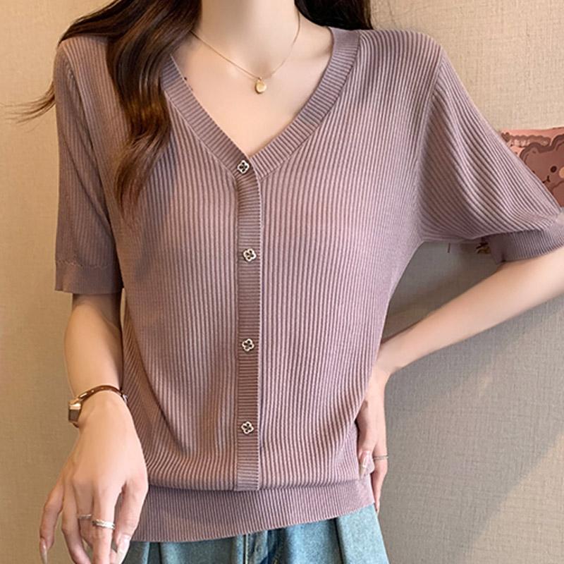 

Женские свитера, пуловеры 2025 Лето Короткий рукав V-образный вырез Черный тонкий вязаный свитер Женские топы, пуловер JJ238 One Size фиолетовый