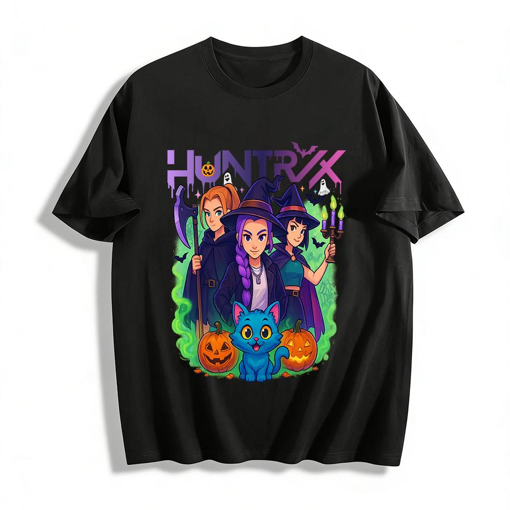 

Halloween Huntrix Witch Team Graphic Tee Spooky Cat Pumpkin Print Casual Crewneck T-Shirt for Women Pure cotton T-shirt XXS