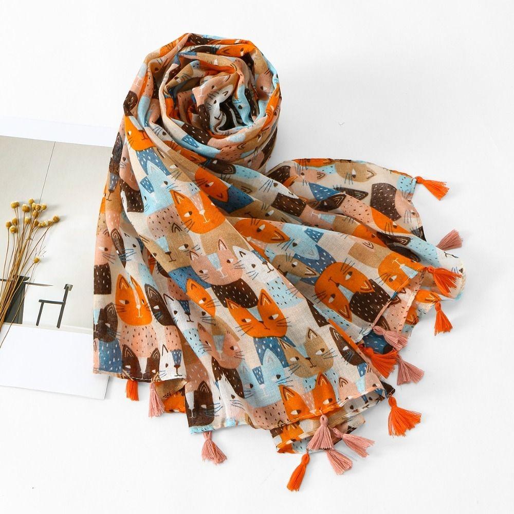 Long Printed Silk Scarf Large Animal Print Scarves All-match Cat Pattern Tassel Scarf  Vacation