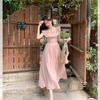 Sweet and Gentle Pink Small Flying Sleeve Dress Women's Summer Lotus Leaf Edge Square Neck Long Dress Waist Temperament a Word Skirt