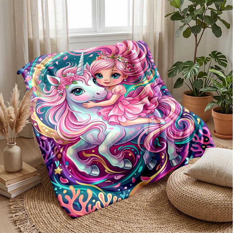 Fantasy Unicorn Stickers Theme Blanket Lightweight Warm Flannel Blanket Decorative Throw Blanket for Home Decoration