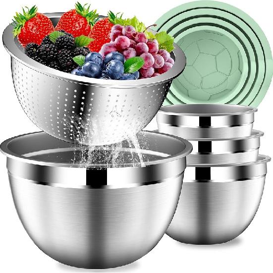 Mixing Bowls with Lids Set, Stainless Steel Mixing Bowls with Colander, Strainer with Mixing Bowl Set, Kitchen Gadgets Bowl Christams Gift, Size 4,