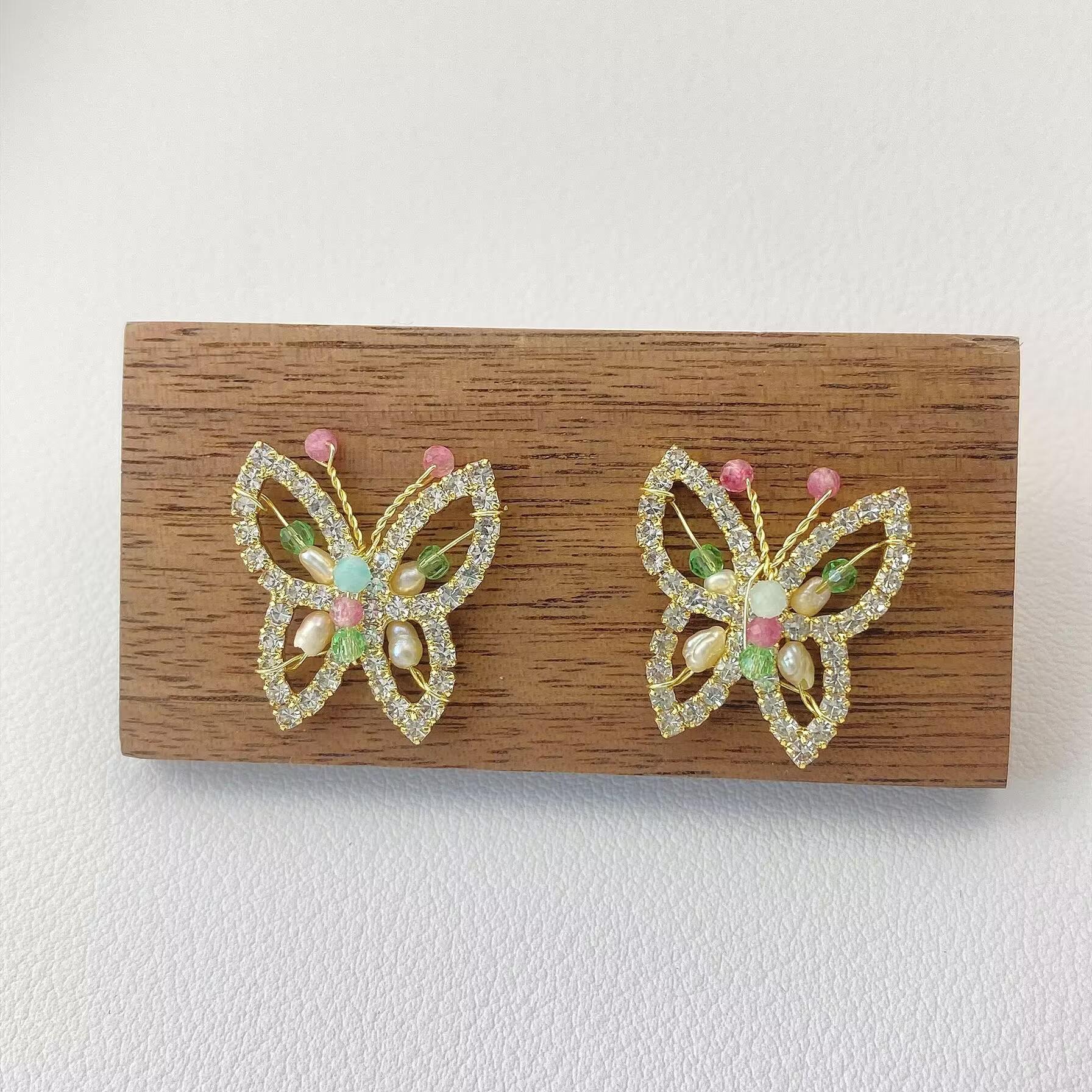 Elegant Forest-Inspired Butterfly Stud Earrings with Zircon and Natural Pearls
